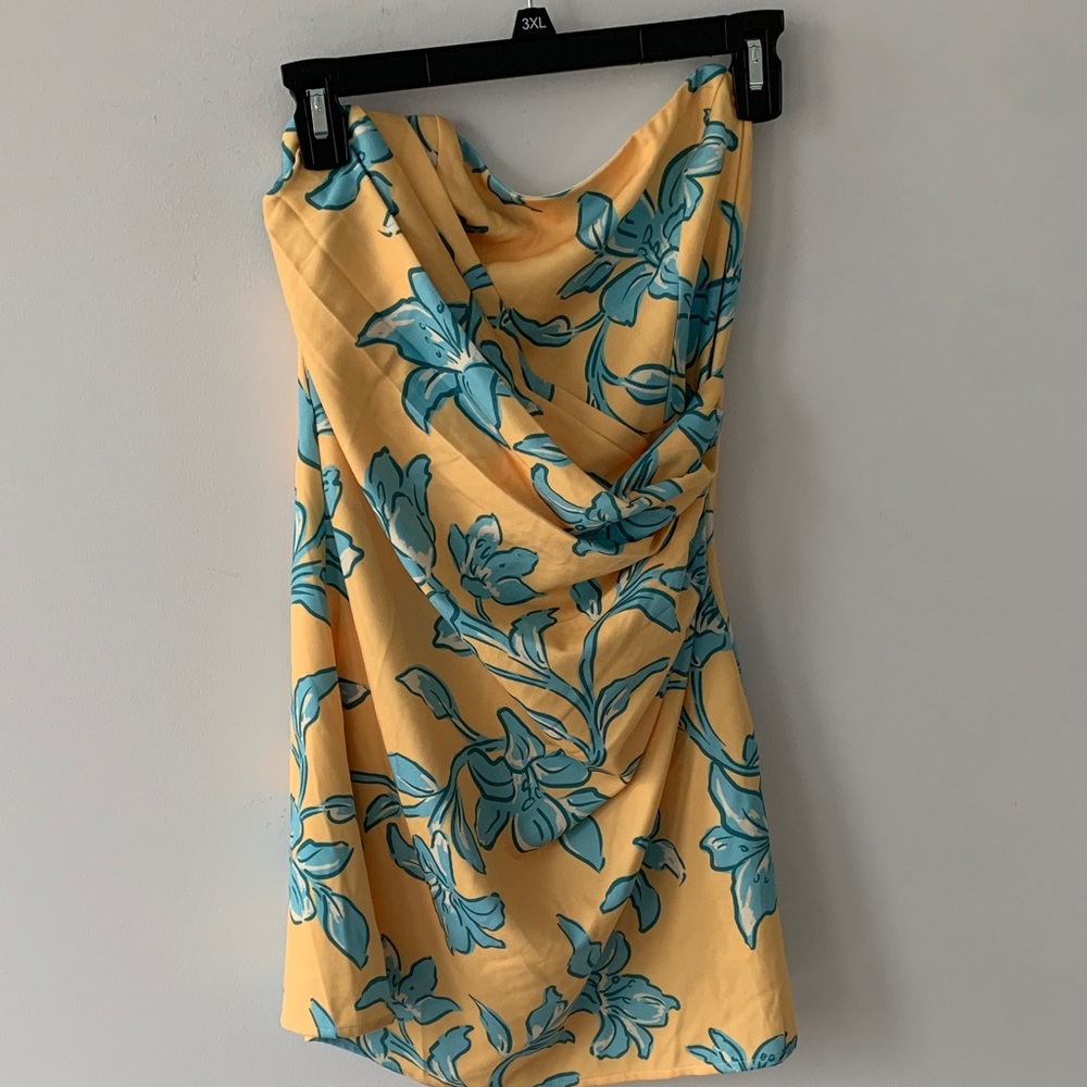 Peppermayo Yellow and Blue Floral Dress strapless lined size 6 NWT